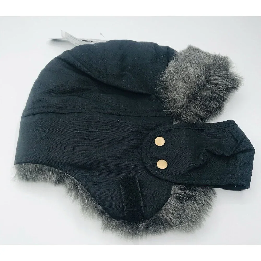 Cold Front Winter Hat Boys Size 8-16 Black Gray Faux Fur Mouth Cover Fleece Line